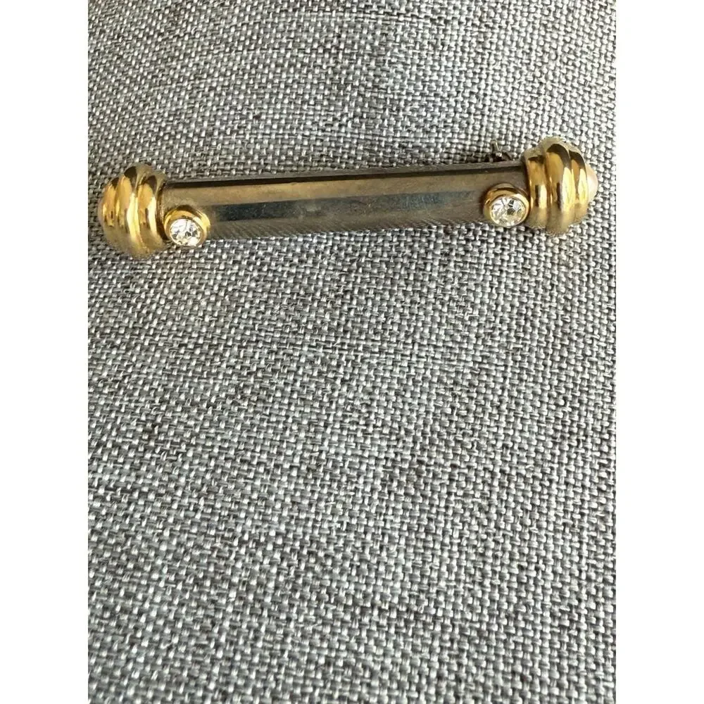 Jesera Bar Pin Brooch Vintage Silver Gold Tone Faux Pearl Crystal Classic 90s